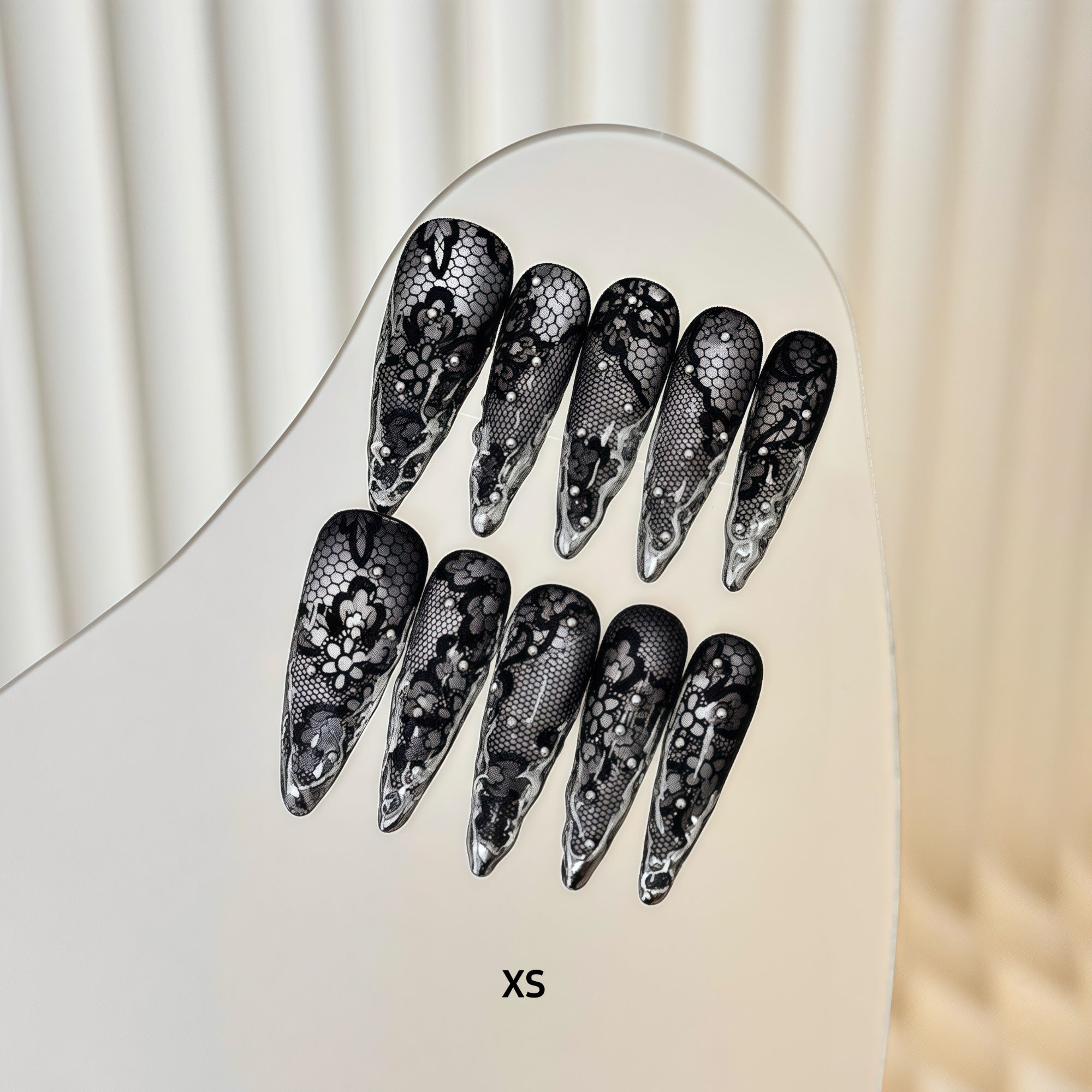 ETERNITY'C Handmade Custom Black Lace Liquid Metal Pressed On Wearable Nails T5024