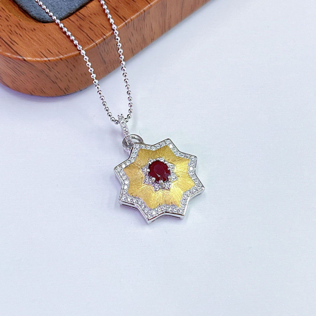 S925 Platinum & Gold-Plated Heated Ruby Gemstone Silver Pendant for Women T3388