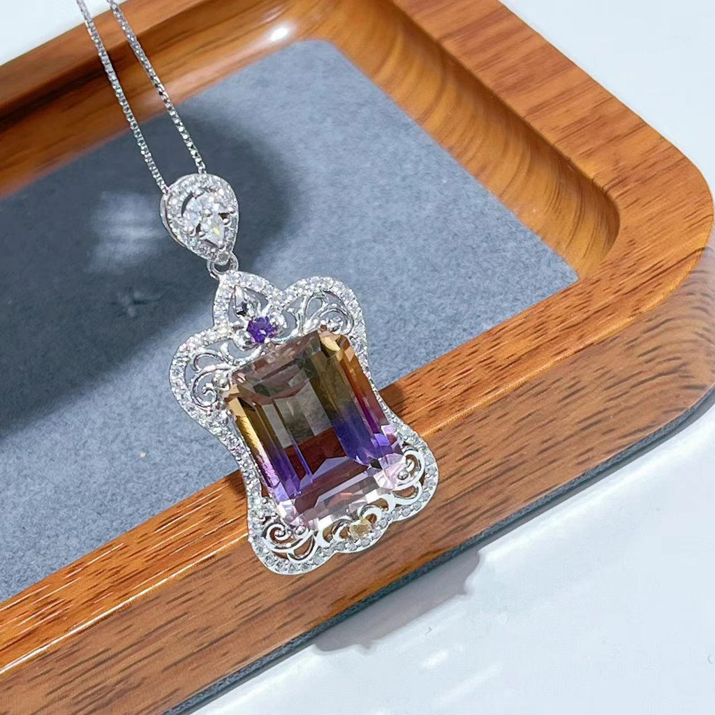 S925 Platinum-Plated Purple-Yellow Crystal Gemstone Silver Pendant for Women T3370