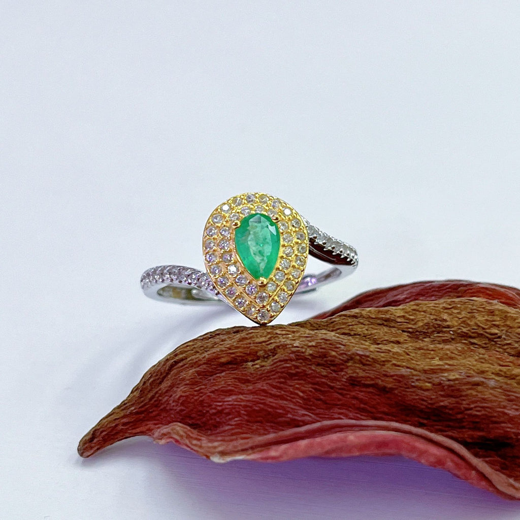 S925 Platinum & Gold-Plated Emerald Silver Ring for Women (Adjustable) T3436