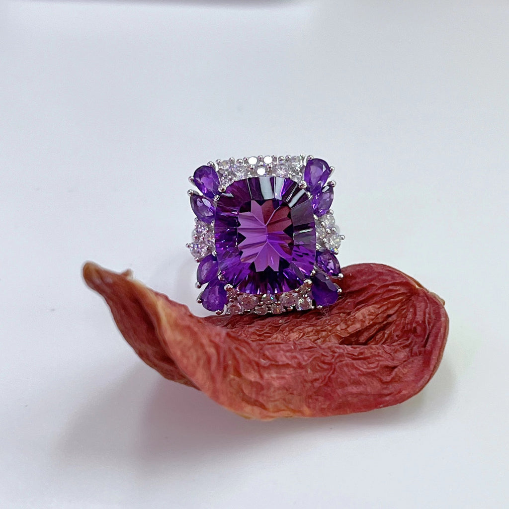 S925 Platinum-Plated Amethyst Silver Ring for Women (Adjustable) T3416