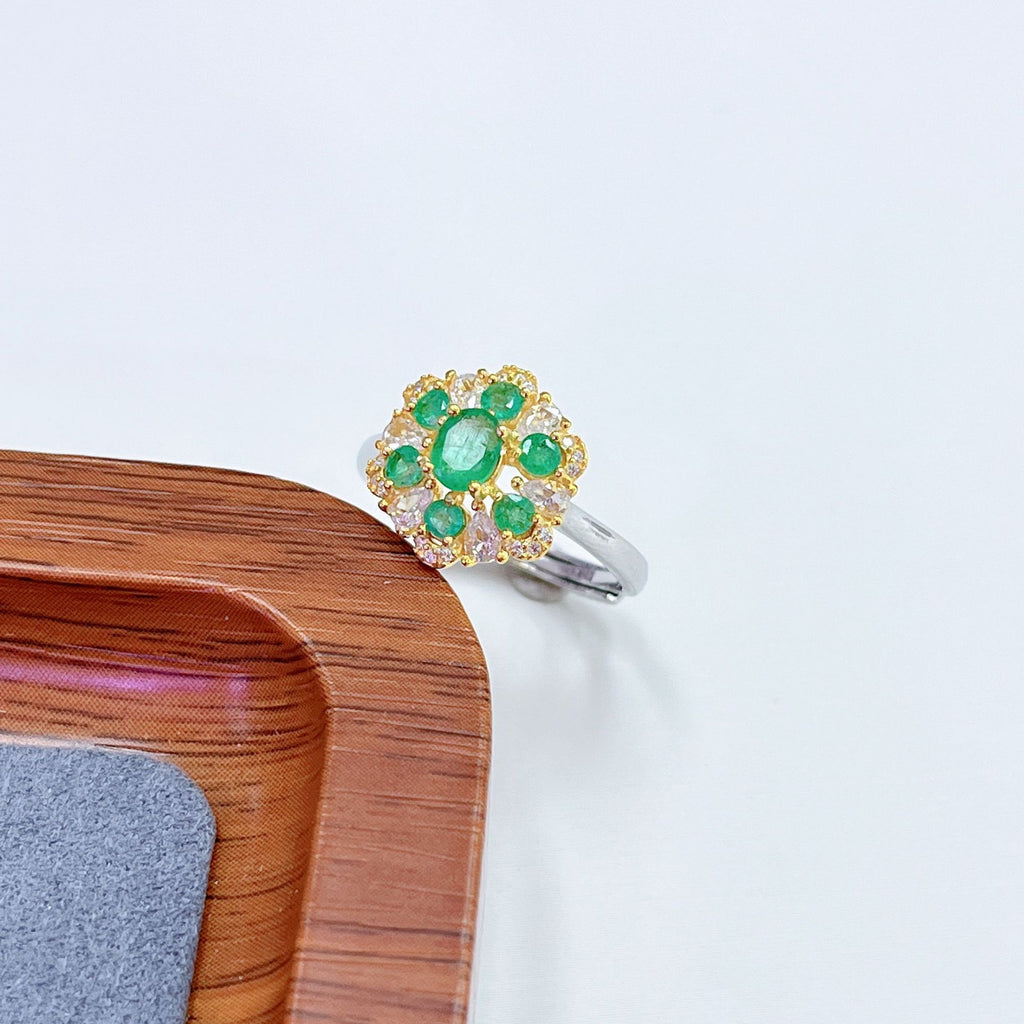 S925 Platinum & Gold-Plated Emerald Silver Ring for Women (Adjustable) T3437