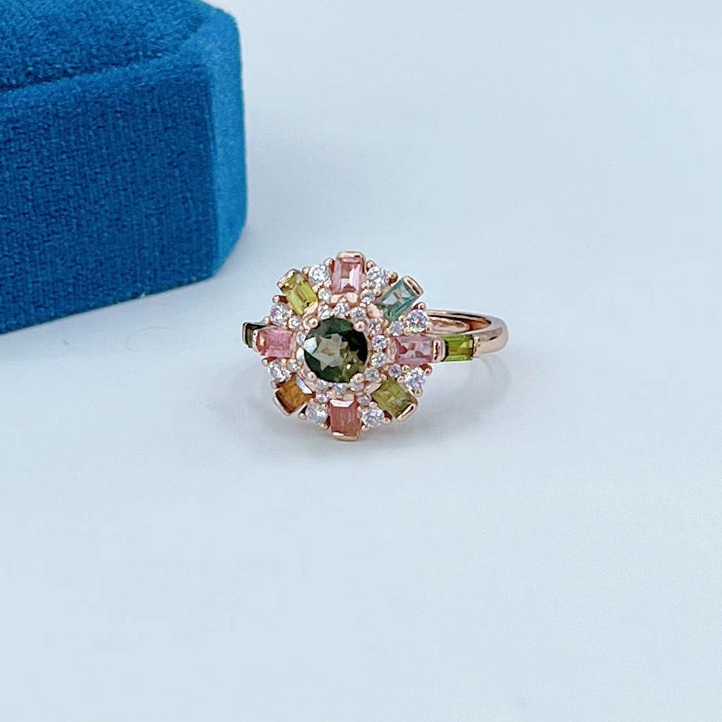 S925 Rose Gold-Plated Tourmaline Silver Ring for Women (Adjustable) T3427