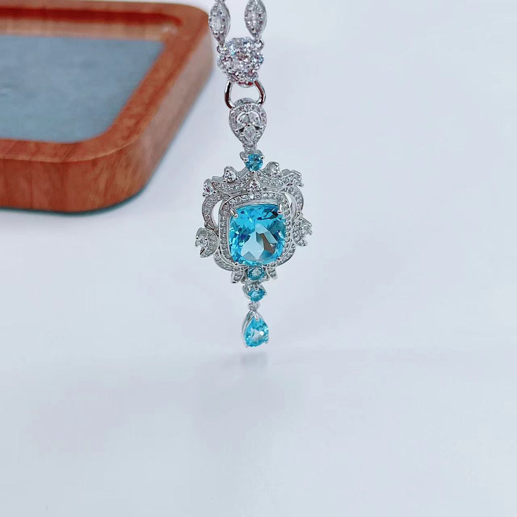 S925 Platinum-Plated Topaz (Swiss Blue) Gemstone Silver Pendant for Women T3365