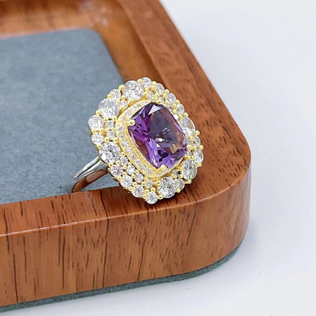 S925 Platinum & Gold-Plated Amethyst Silver Ring for Women (Adjustable) T3413