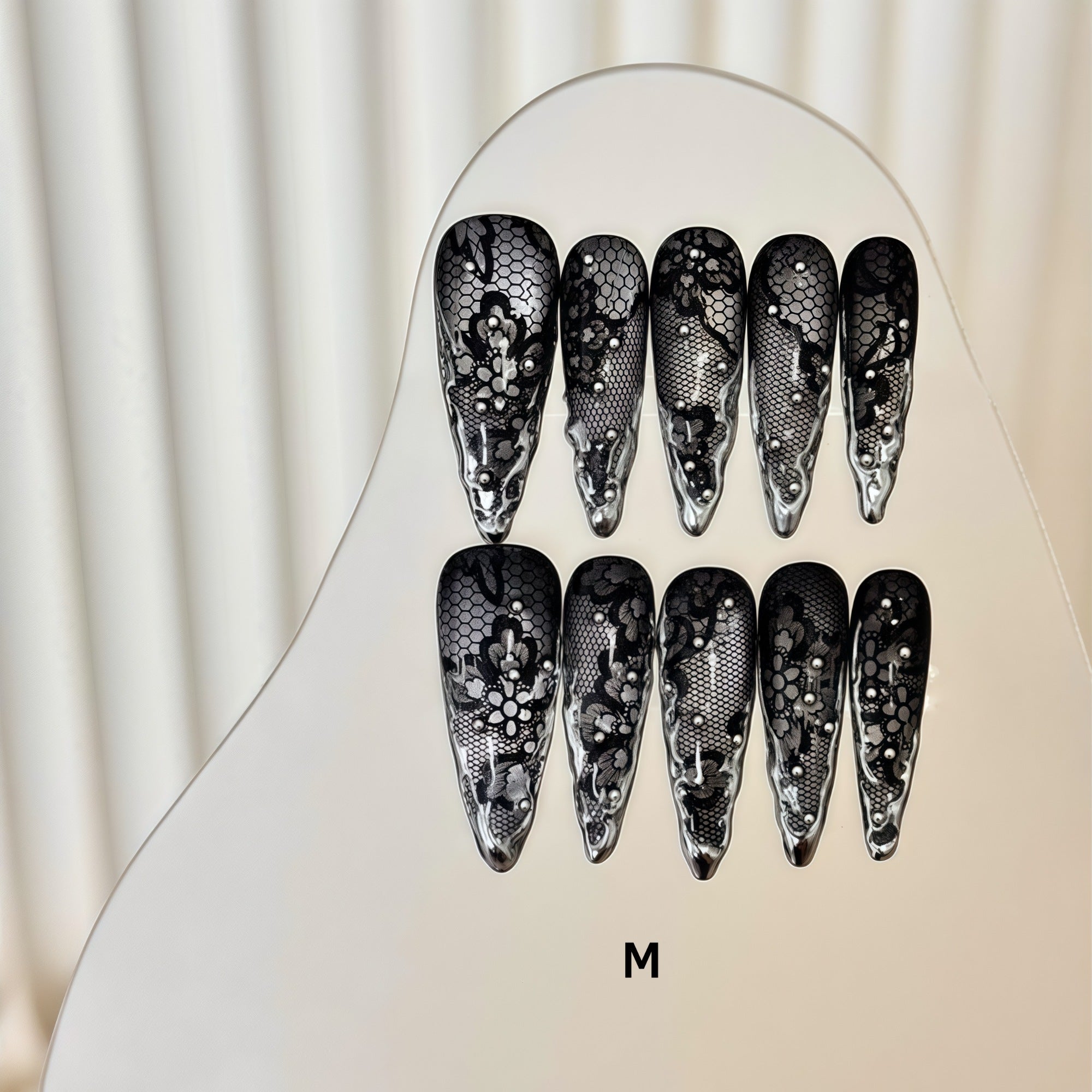 ETERNITY'C Handmade Custom Black Lace Liquid Metal Pressed On Wearable Nails T5024