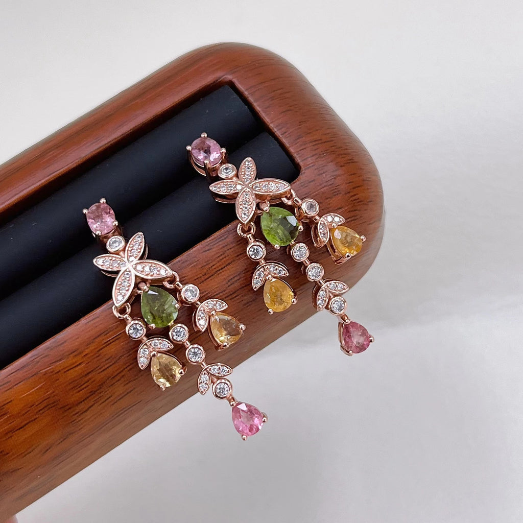 S925 Rose Gold-Plated Tourmaline Silver Earrings for Women T3455