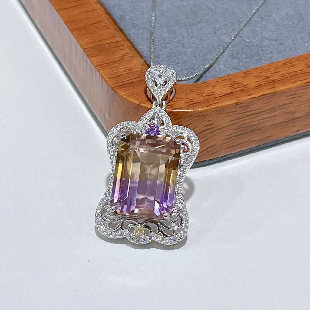 S925 Platinum-Plated Purple-Yellow Crystal Gemstone Silver Pendant for Women T3370