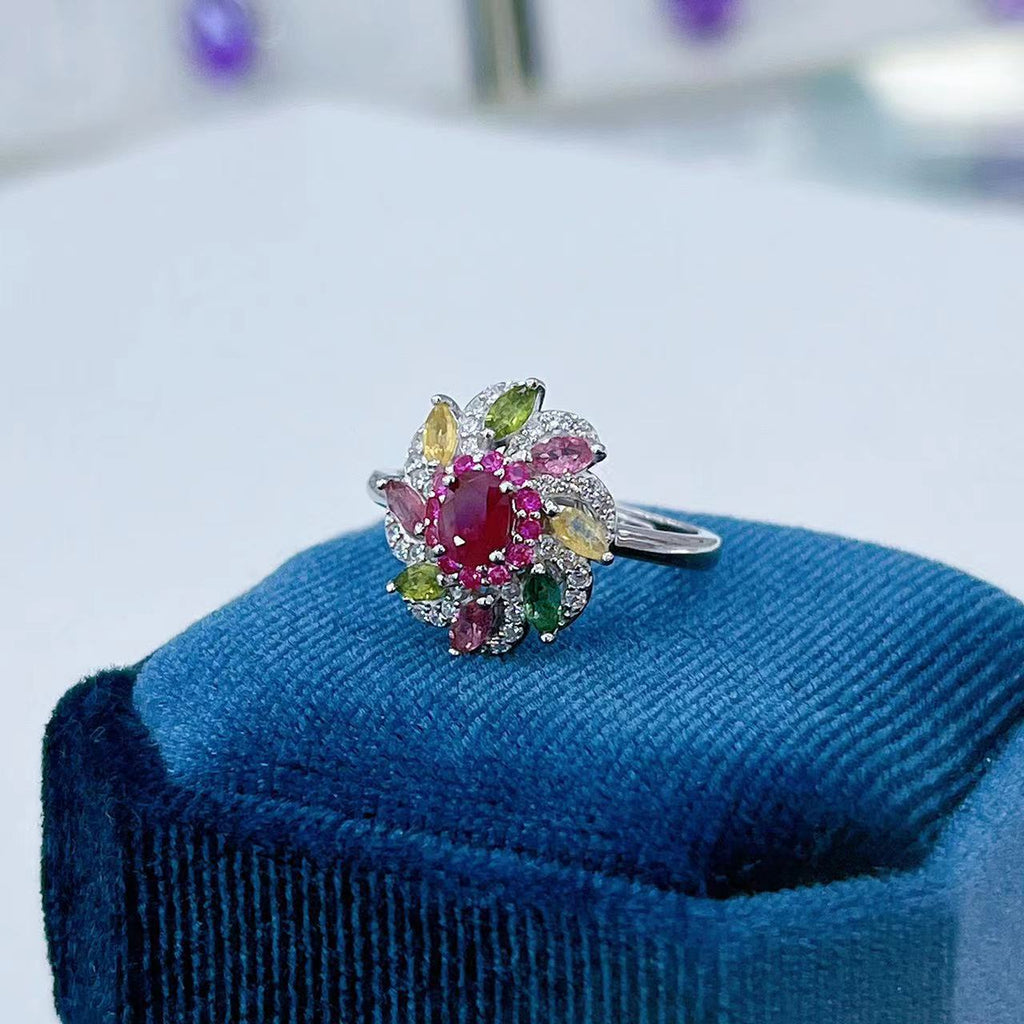 S925 Platinum-Plated Tourmaline Silver Ring for Women (Adjustable) T3423
