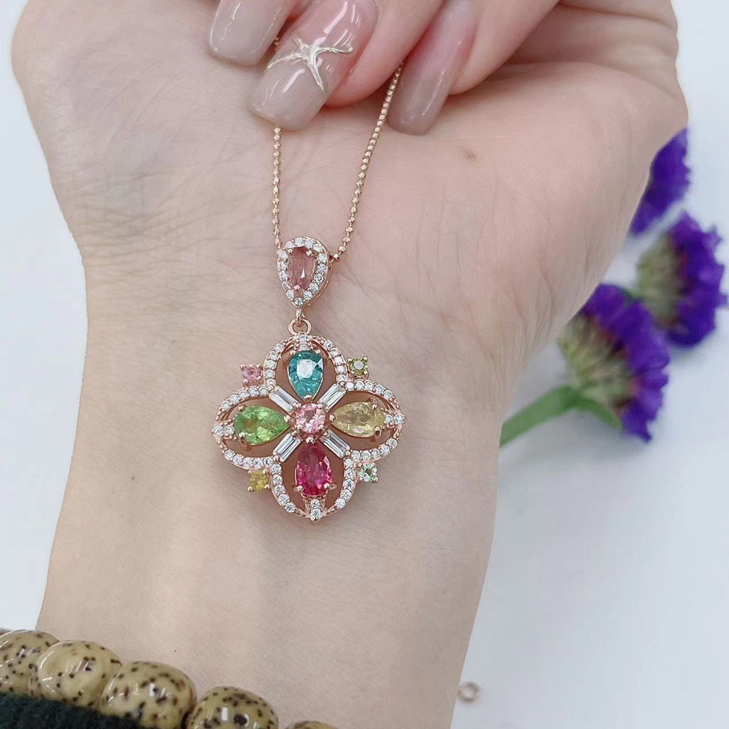 S925 Rose Gold-Plated Tourmaline Gemstone Silver Pendant for Women T3384