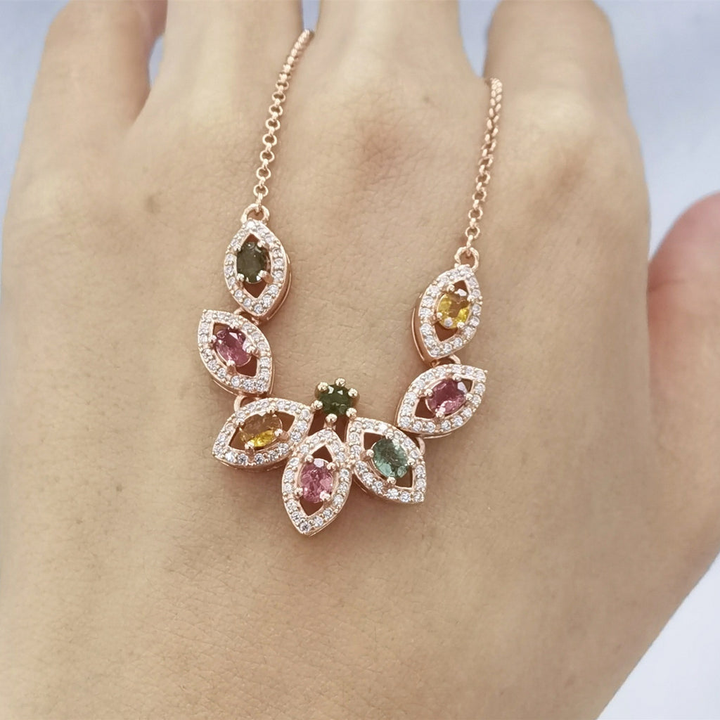 S925 Rose Gold-Plated Tourmaline Silver Necklace for Women T3411