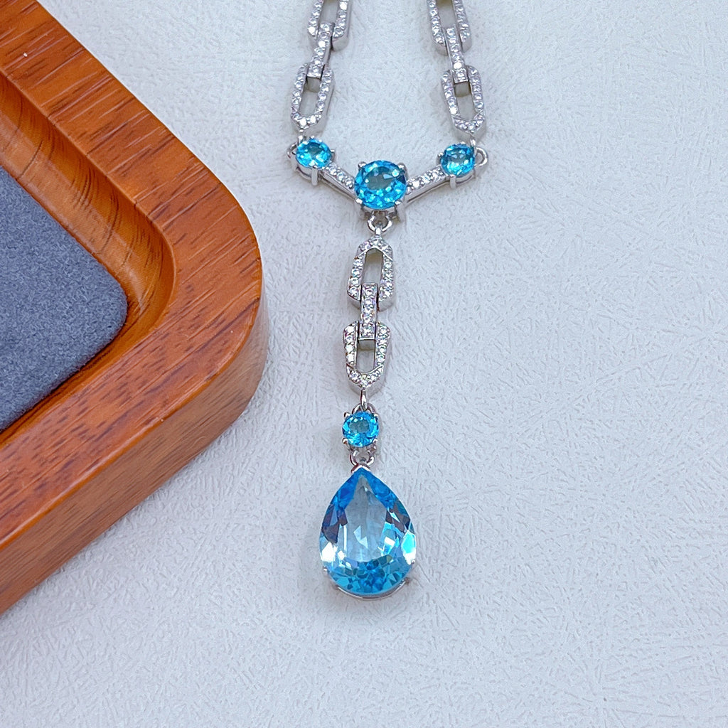 S925 Platinum-Plated Topaz (Swiss Blue) Silver Necklace for Women T3412
