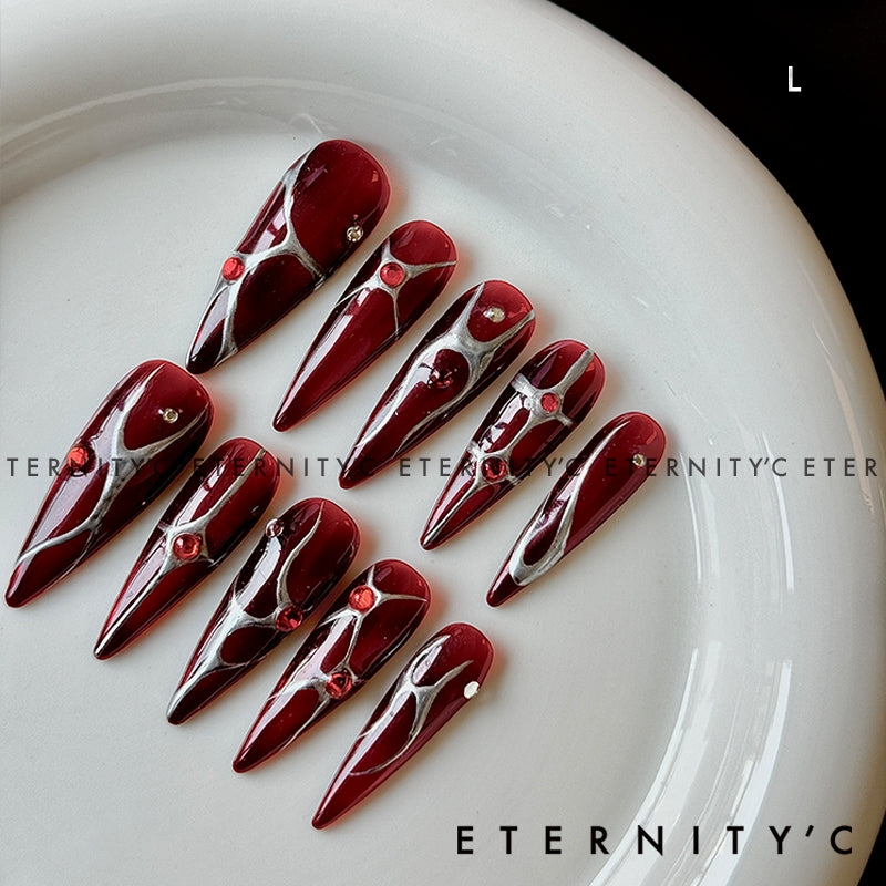 ETERNITY'C Handmade Custom Red Flame Pressed On Wearable Nails T5040