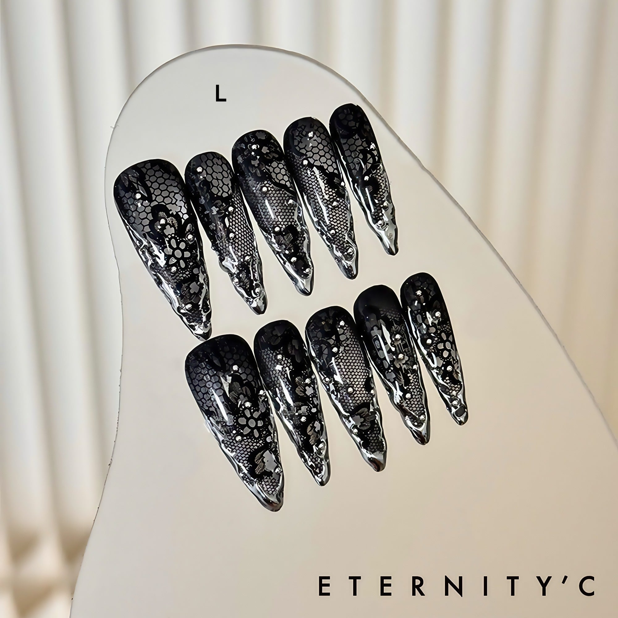 ETERNITY'C Handmade Custom Black Lace Liquid Metal Pressed On Wearable Nails T5024
