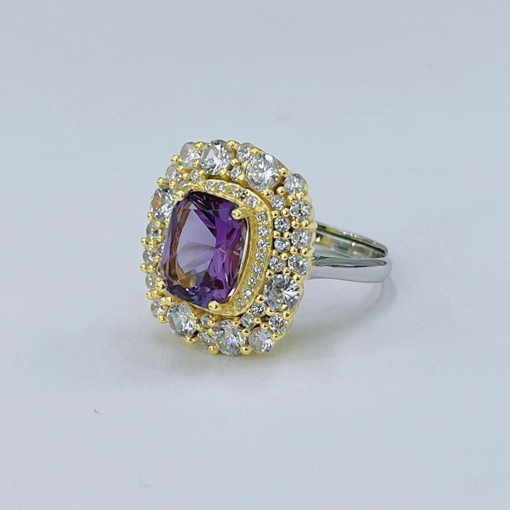 S925 Platinum & Gold-Plated Amethyst Silver Ring for Women (Adjustable) T3413