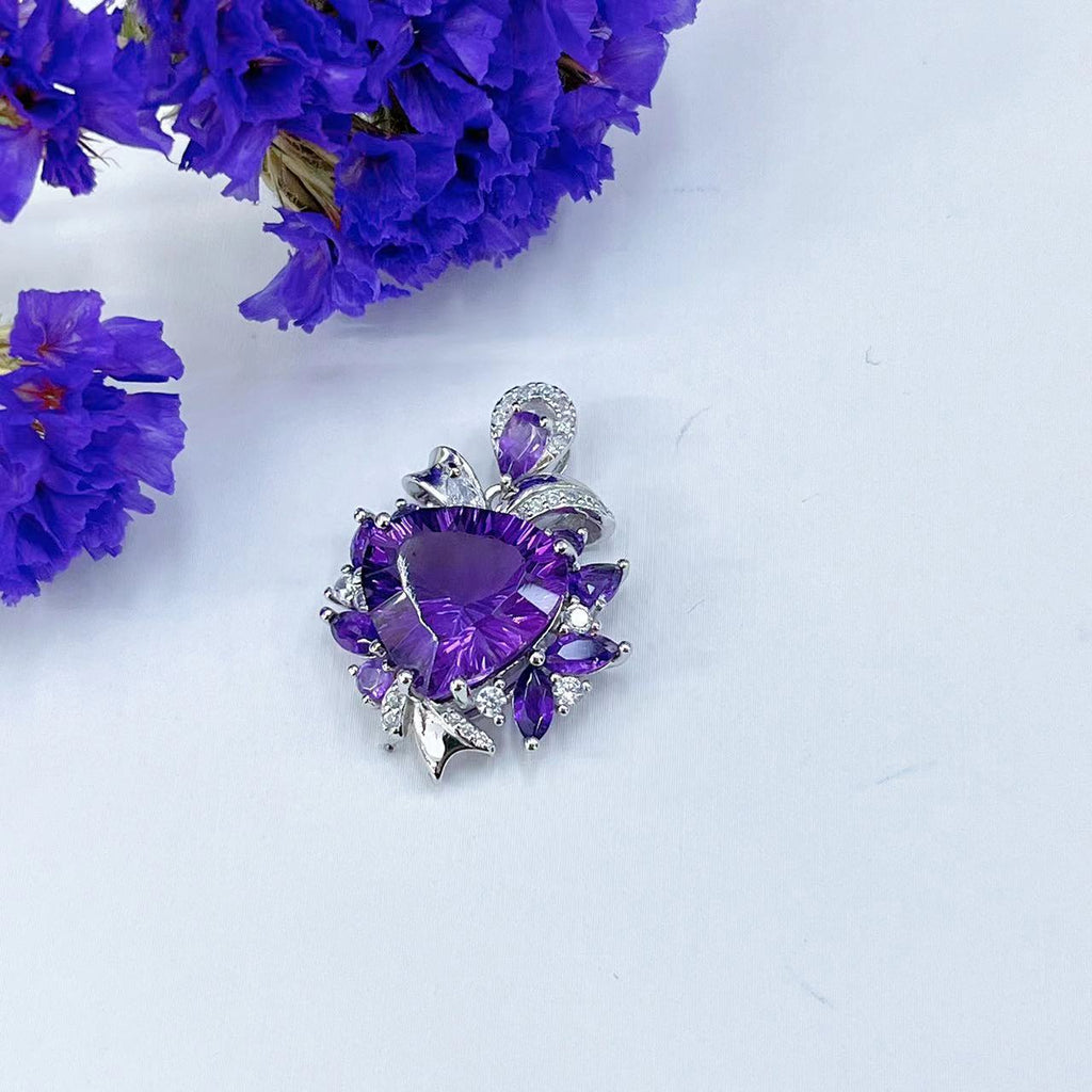 S925 Platinum-Plated Natural Amethyst Gemstone Silver Pendant for Women T3371