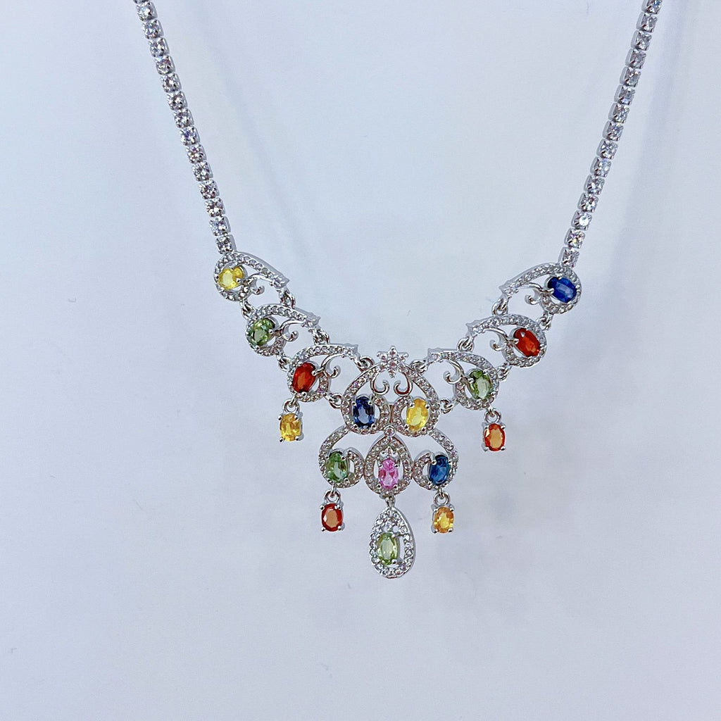 S925 Platinum-Plated Colored Sapphire Silver Necklace for Women T3398