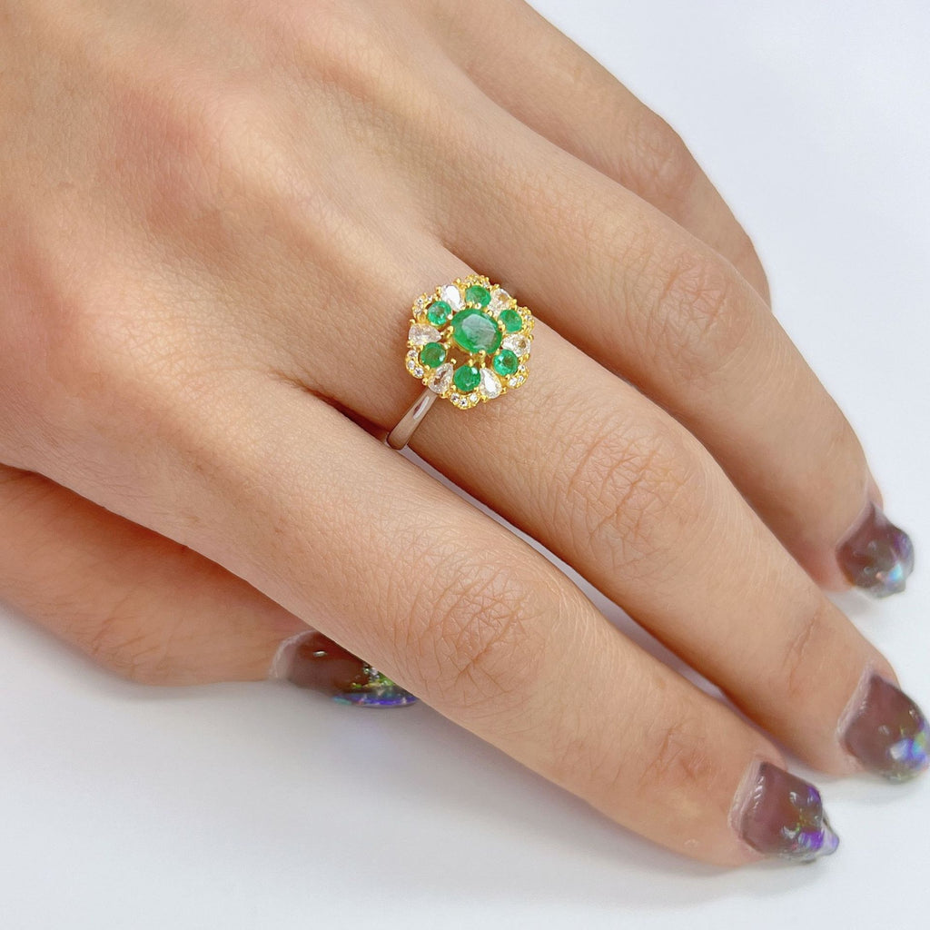 S925 Platinum & Gold-Plated Emerald Silver Ring for Women (Adjustable) T3437