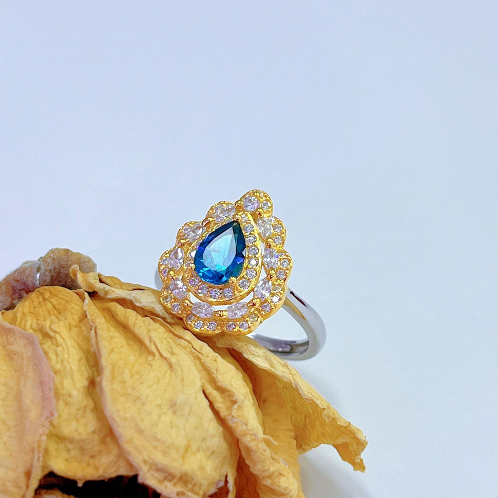 S925 Platinum & Gold-Plated Topaz (London Blue) Silver Ring for Women (Adjustable) T3434