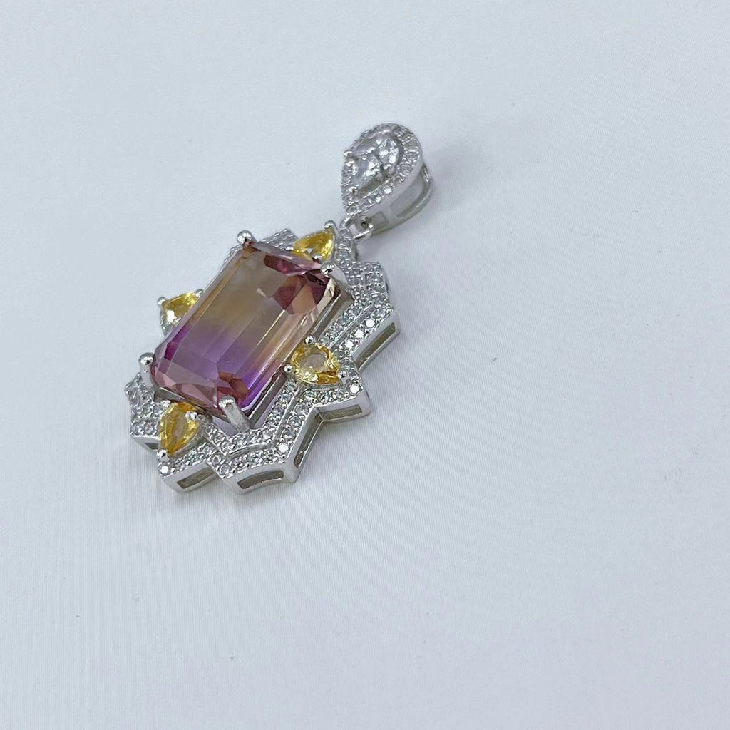 S925 Platinum-Plated Purple-Yellow Crystal Gemstone Silver Pendant for Women T3379
