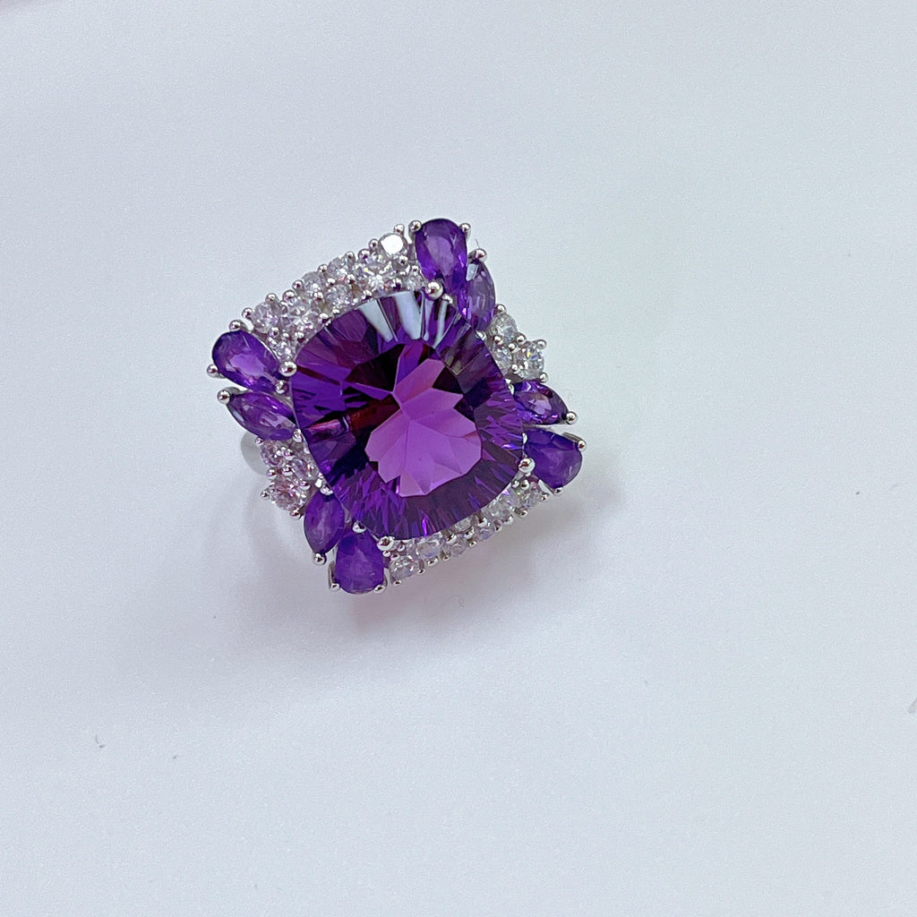 S925 Platinum-Plated Amethyst Silver Ring for Women (Adjustable) T3416