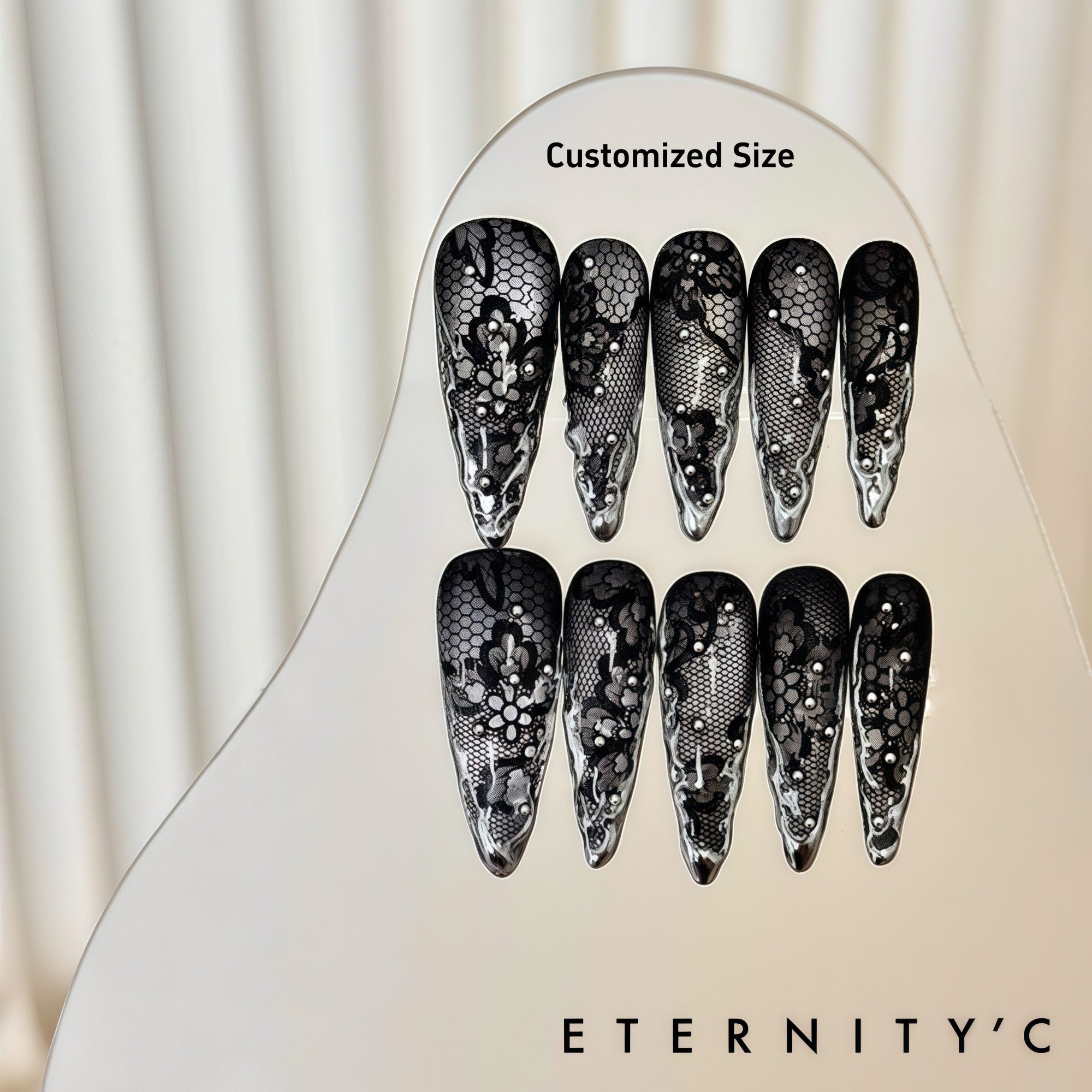 ETERNITY'C Handmade Custom Black Lace Liquid Metal Pressed On Wearable Nails T5024