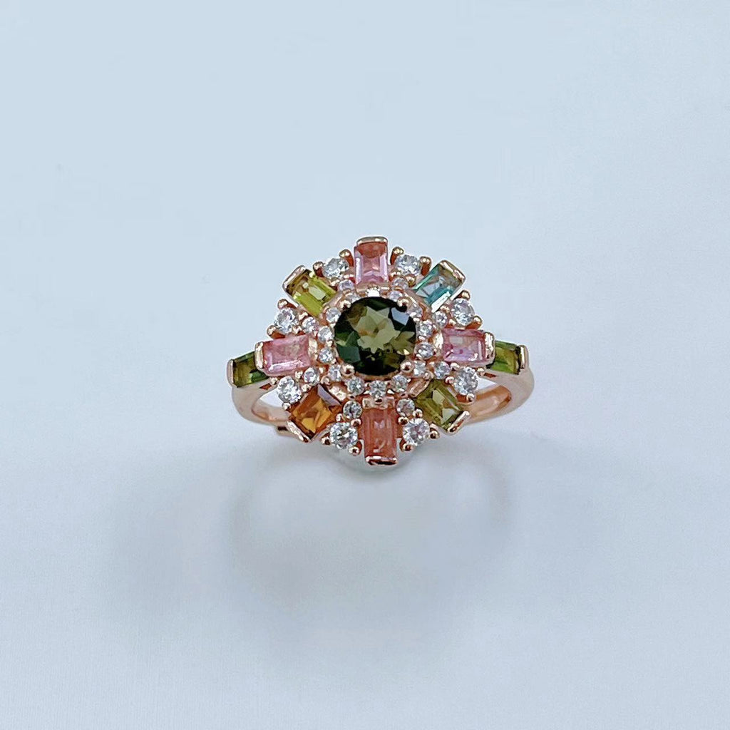 S925 Rose Gold-Plated Tourmaline Silver Ring for Women (Adjustable) T3427