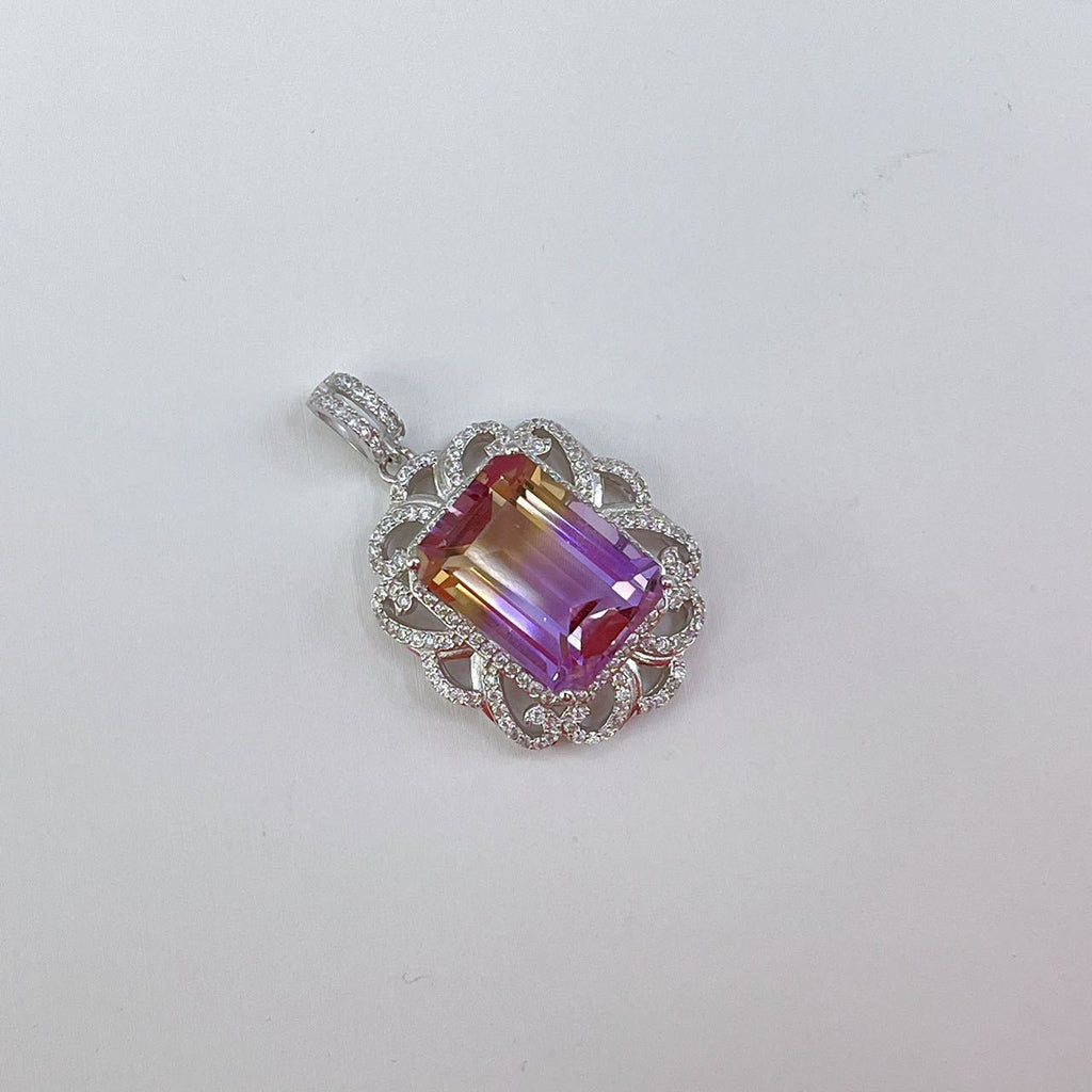 S925 Platinum-Plated Purple-Yellow Crystal Gemstone Silver Pendant for Women T3366