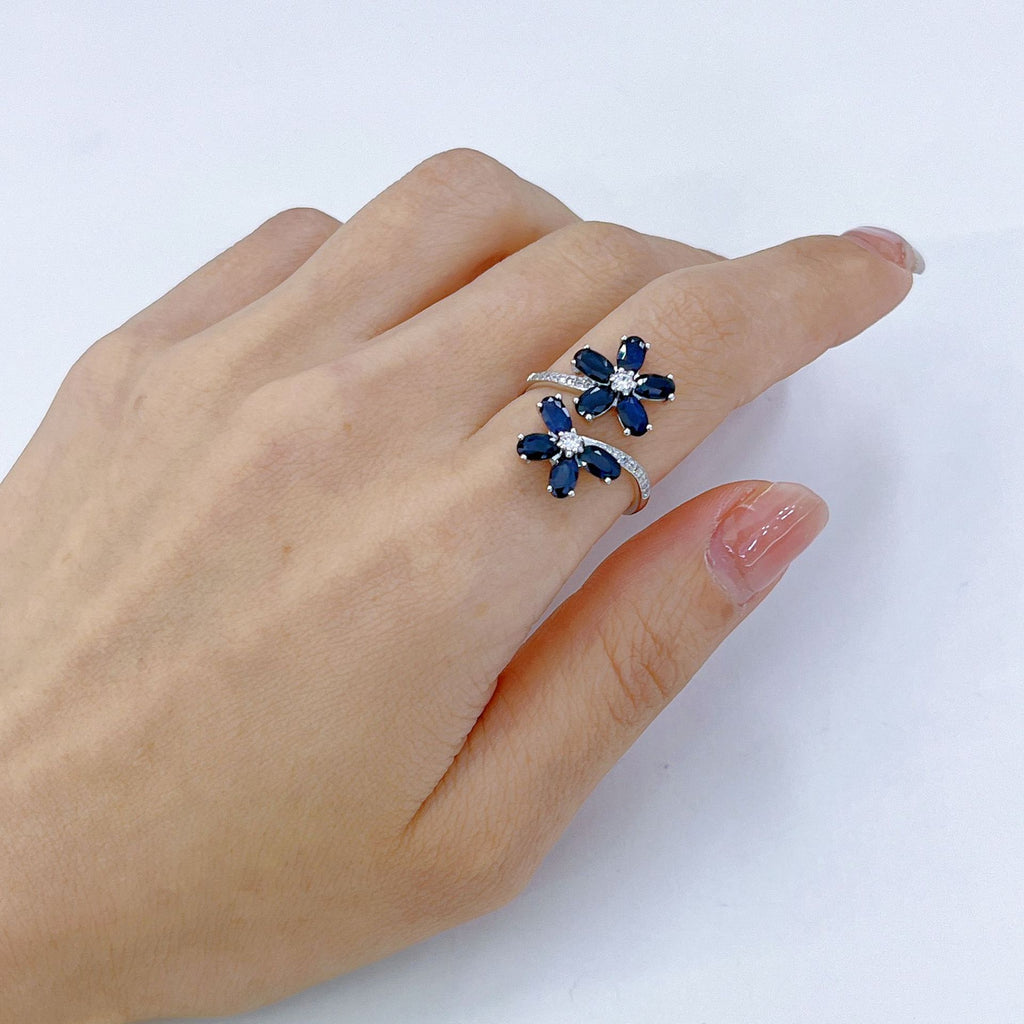 S925 Platinum-Plated Natural Sapphire Silver Ring for Women (Adjustable) T3426