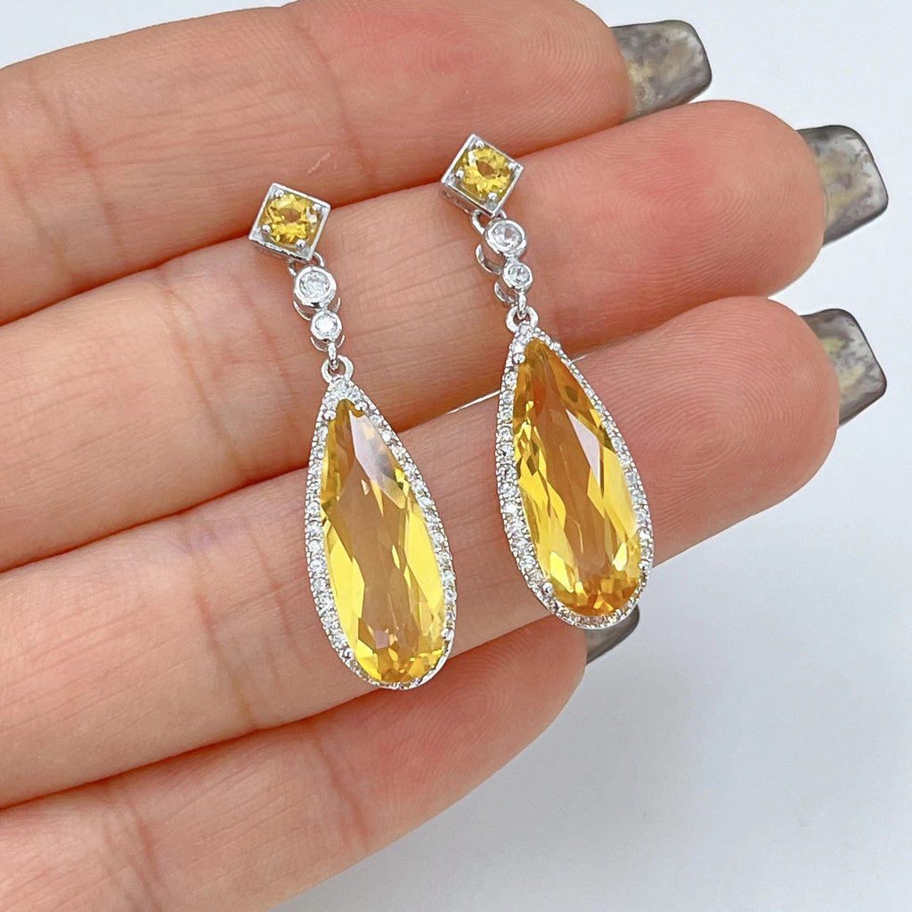 S925 Platinum-Plated Citrine Silver Drop Earrings for Women T3438
