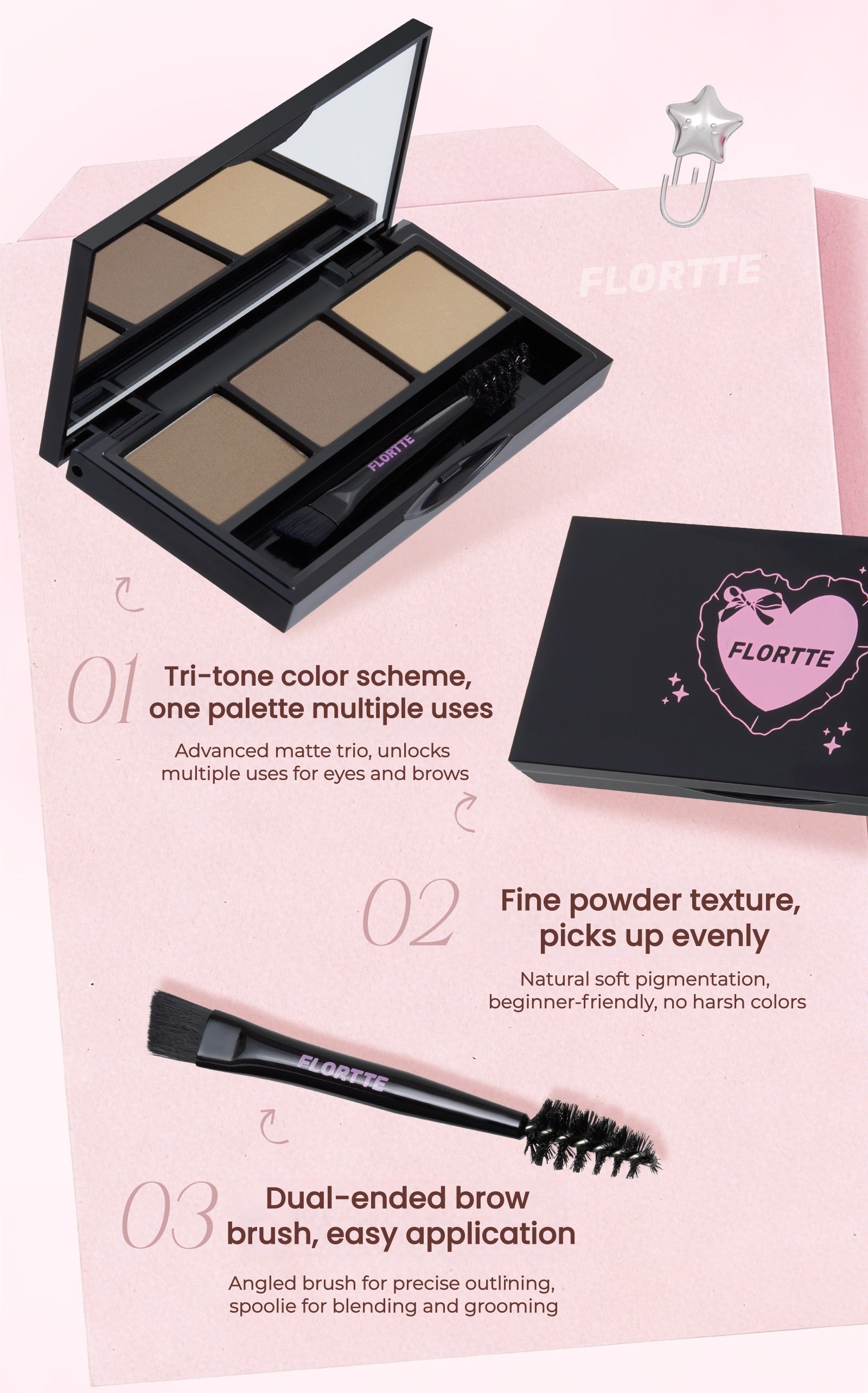 FLORTTE Long-wear Waterproof 3-color Eyebrow Powder T5876