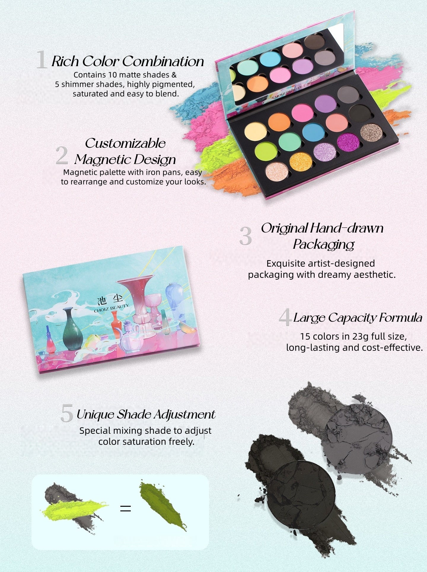 CHOIZ BEAUTY 15-color Porcelain Glazes Eyeshadow Palette T5728