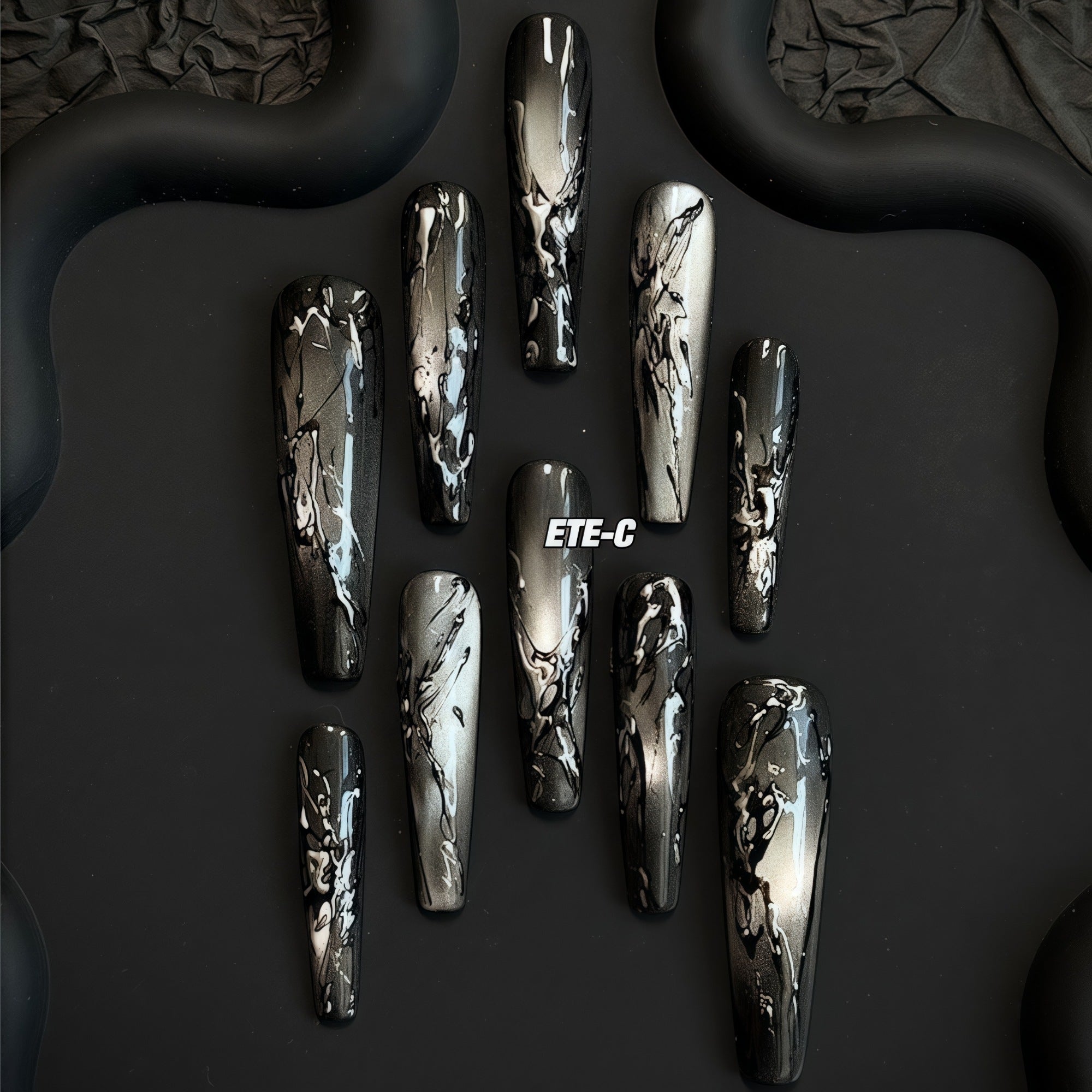 ETERNITY'C Handmade Custom Black Mirror Pressed On Wearable Nails T4984