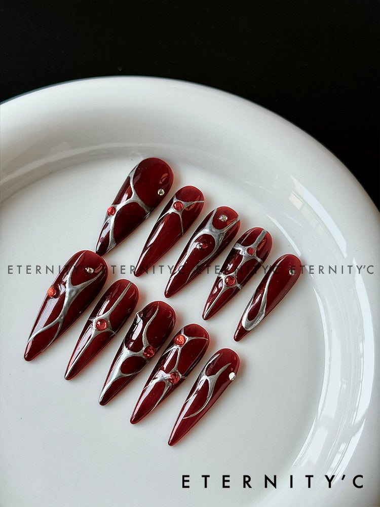 ETERNITY'C Handmade Custom Red Flame Pressed On Wearable Nails T5040
