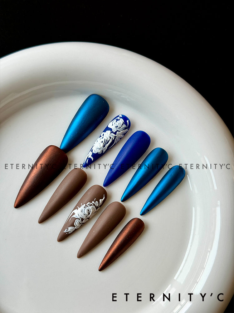 ETERNITY'C Handmade Custom Rococo 3D Flowers Pressed On Wearable Nails T5039
