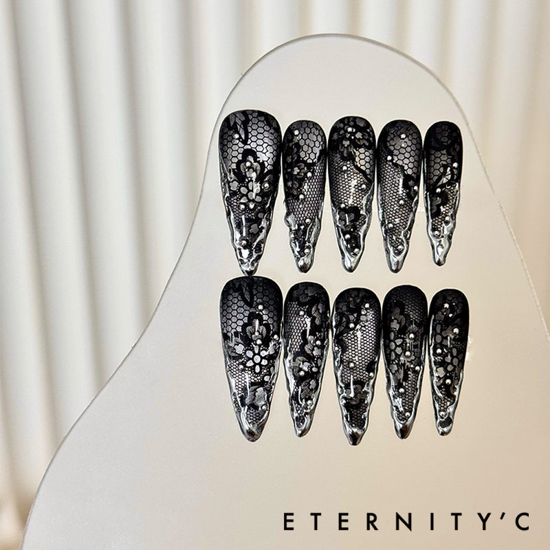 ETERNITY'C Handmade Custom Black Lace Liquid Metal Pressed On Wearable Nails T5024