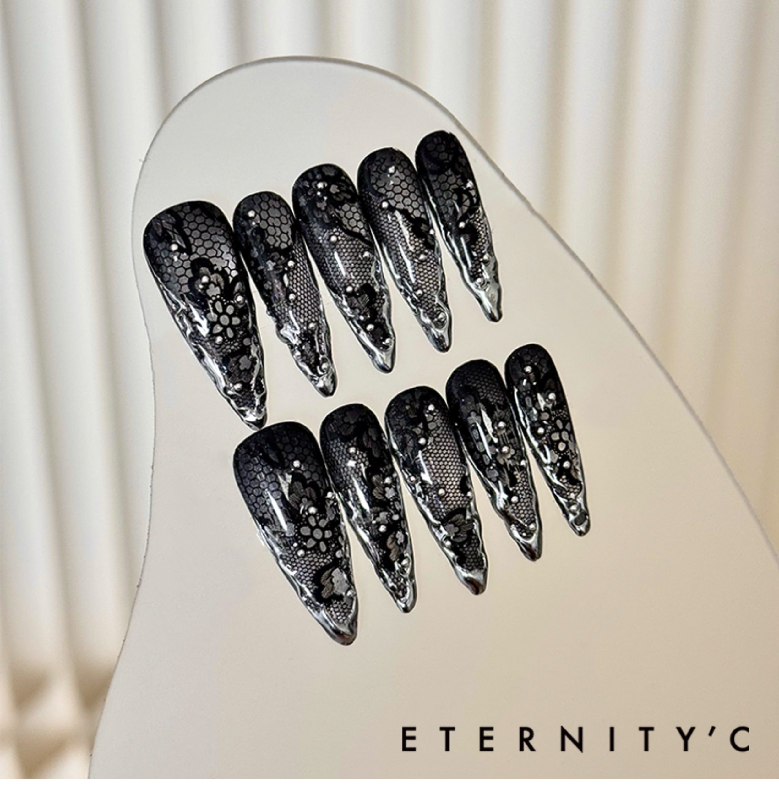 ETERNITY'C Handmade Custom Black Lace Liquid Metal Pressed On Wearable Nails T5024