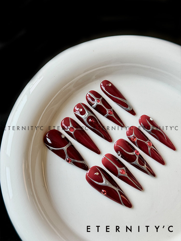 ETERNITY'C Handmade Custom Red Flame Pressed On Wearable Nails T5040