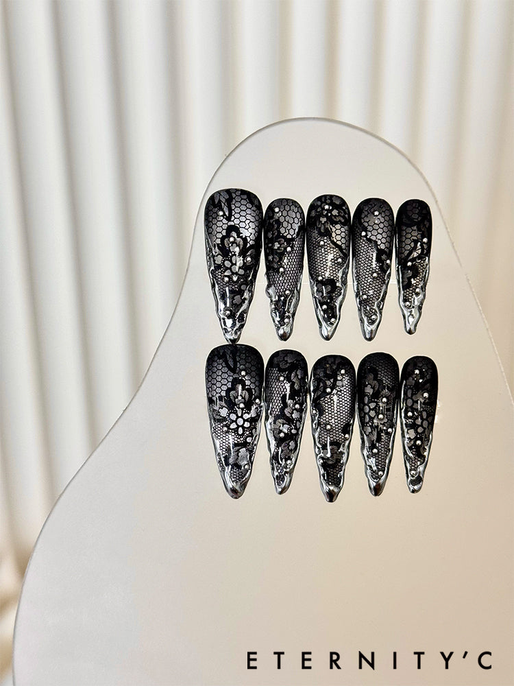 ETERNITY'C Handmade Custom Black Lace Liquid Metal Pressed On Wearable Nails T5024