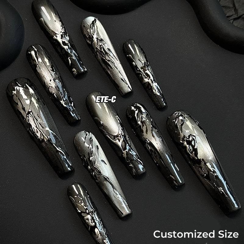 ETERNITY'C Handmade Custom Black Mirror Pressed On Wearable Nails T4984