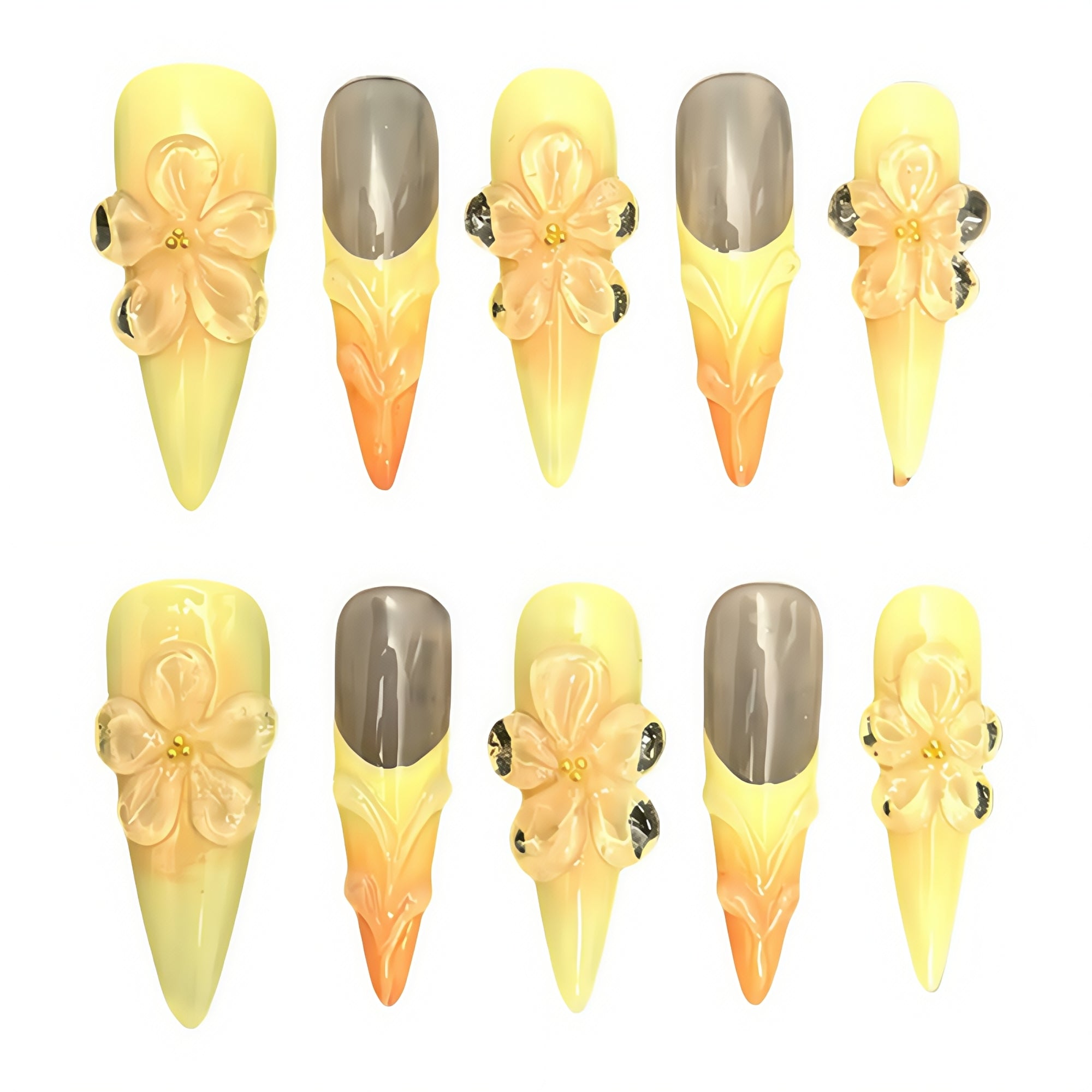 ETERNITY'C Handmade Custom Yellow Flower Pressed On Wearable Nails T4988