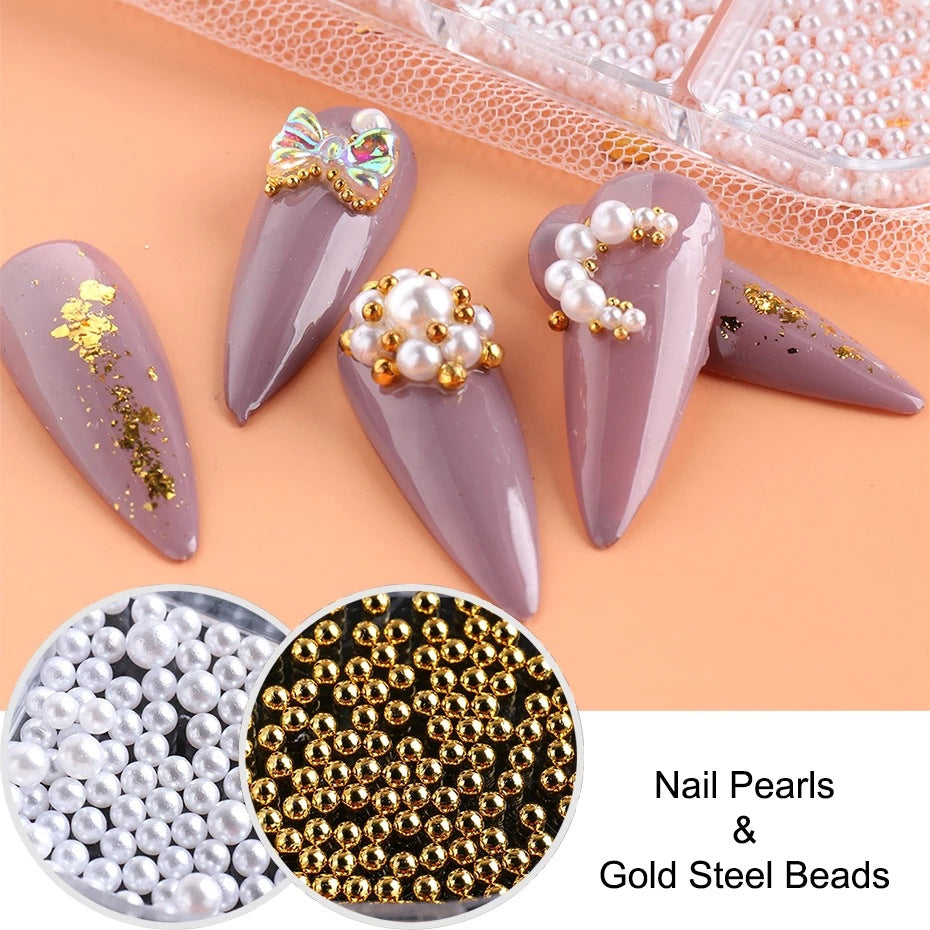 FULL BEAUTY Pearls Steel Beads 3D Nail Decoration T2714