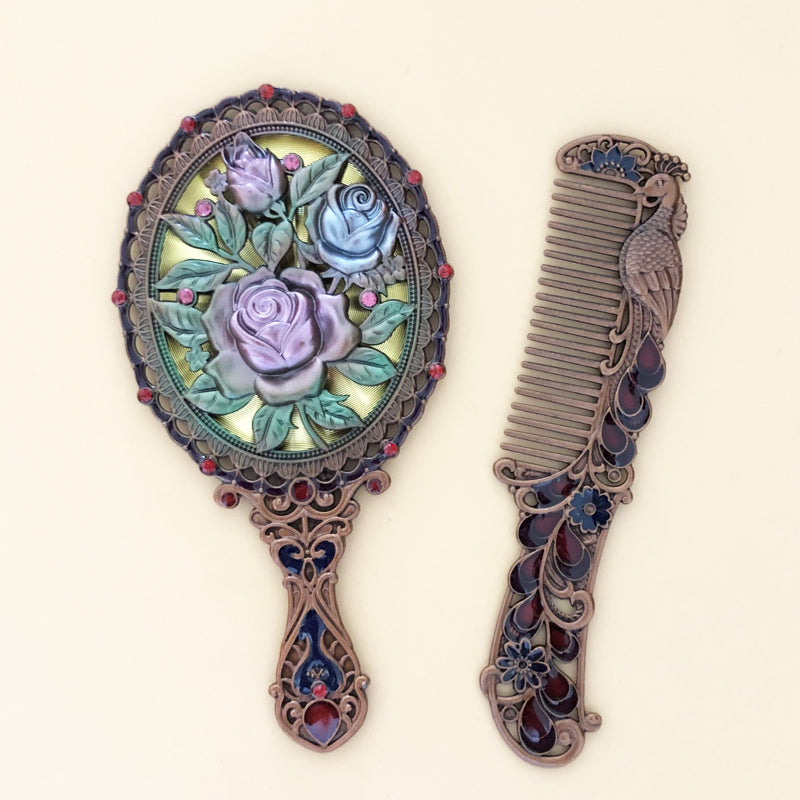 Court Style Retro Foldable Handle Mirror + Comb Set T2783