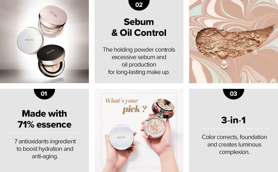 AGE 20's Signature 3-Color Oil Control Air Cushion Foundation With Refill (White Box) T1968
