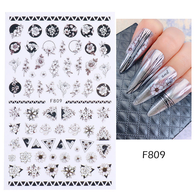 FULL BEAUTY Black White Flowers Face 3D Nail Sticker T2732