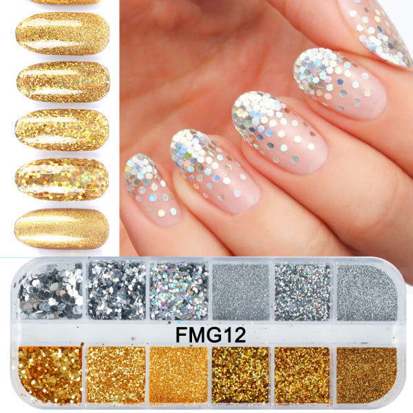 FULL BEAUTY Glitter & Sequin Nail Powder 12 Grids Set T2733