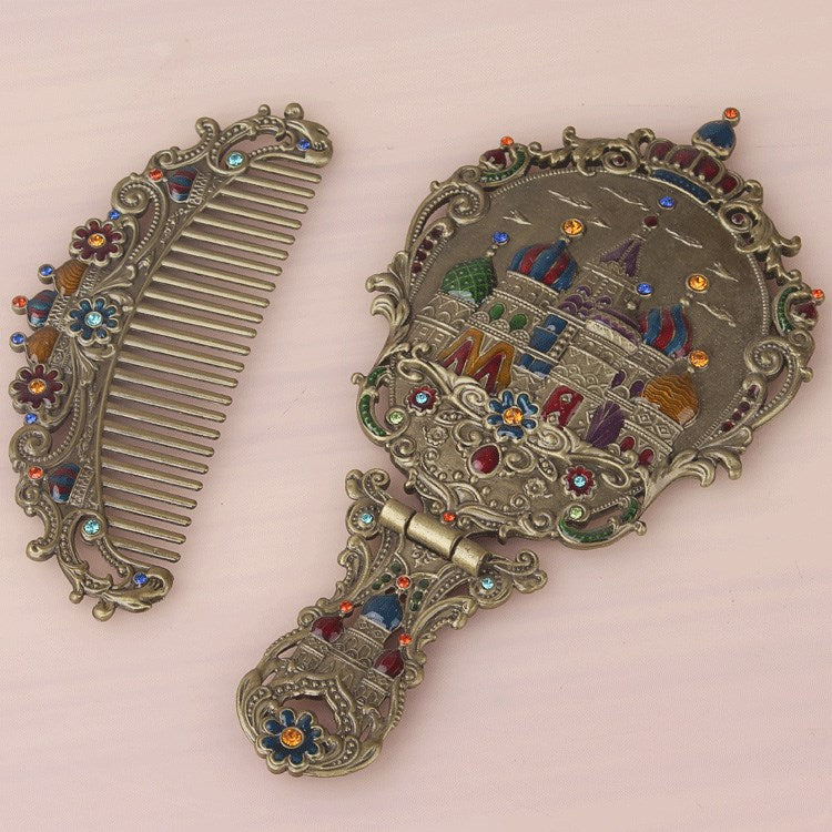 Russian Retro Foldable Handle Mirror + Comb Set T2781